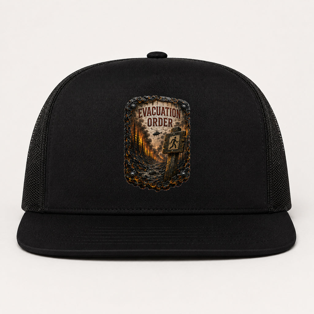 Evacuation Order Trail Relics Flat-Brim Cap — primary product mockup