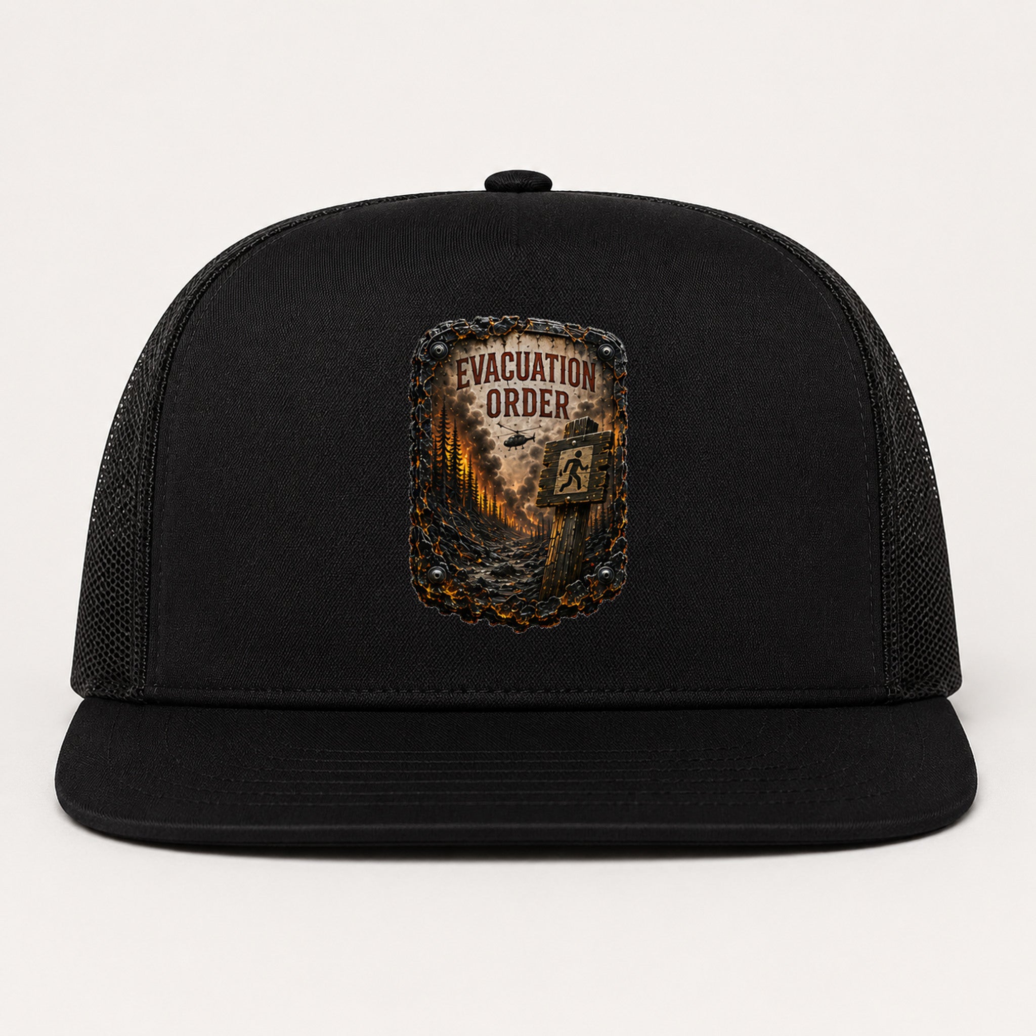Evacuation Order Trail Relics Flat-Brim Cap — primary product mockup