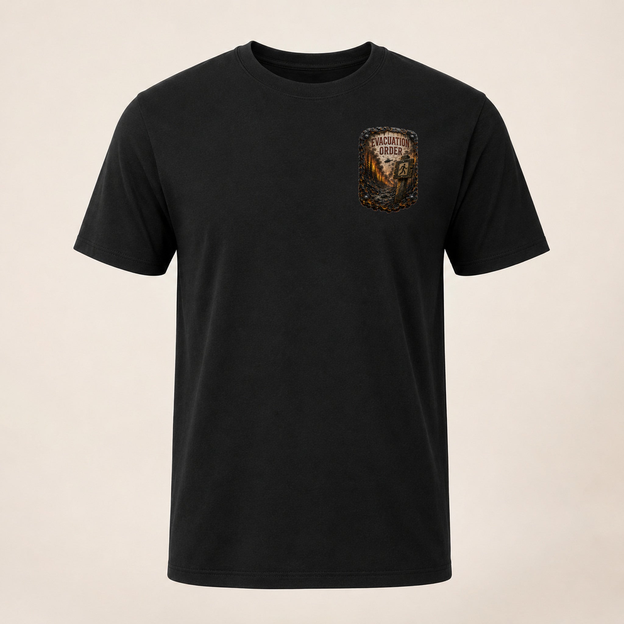Evacuation Order Trail Relics T-Shirt — front chest mockup