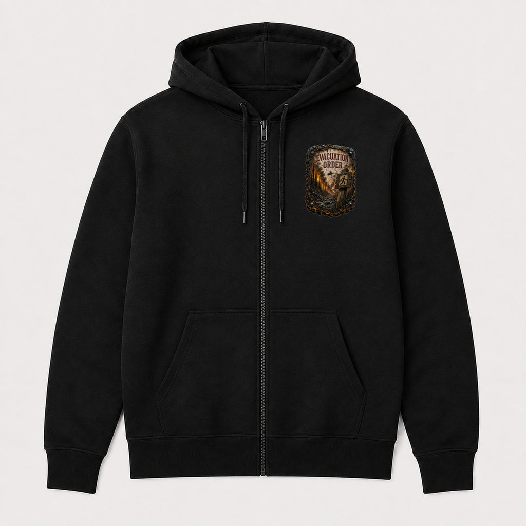 Evacuation Order Trail Relics Zip Hoodie — front chest mockup