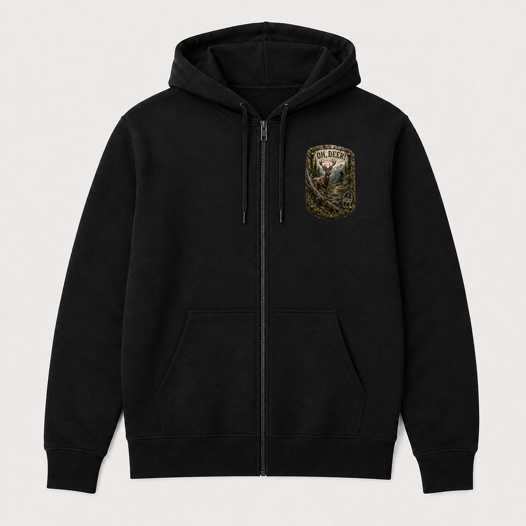 Oh, Deer! Trail Relics Zip Hoodie — front chest mockup