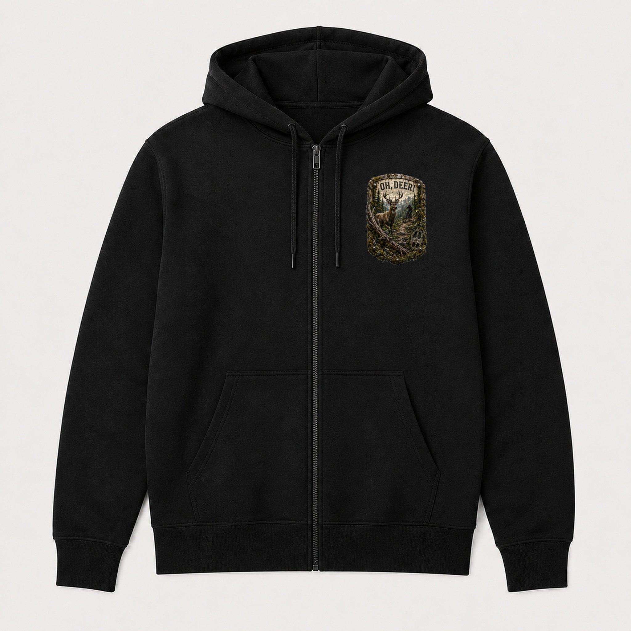 Oh, Deer! Trail Relics Zip Hoodie — front chest mockup