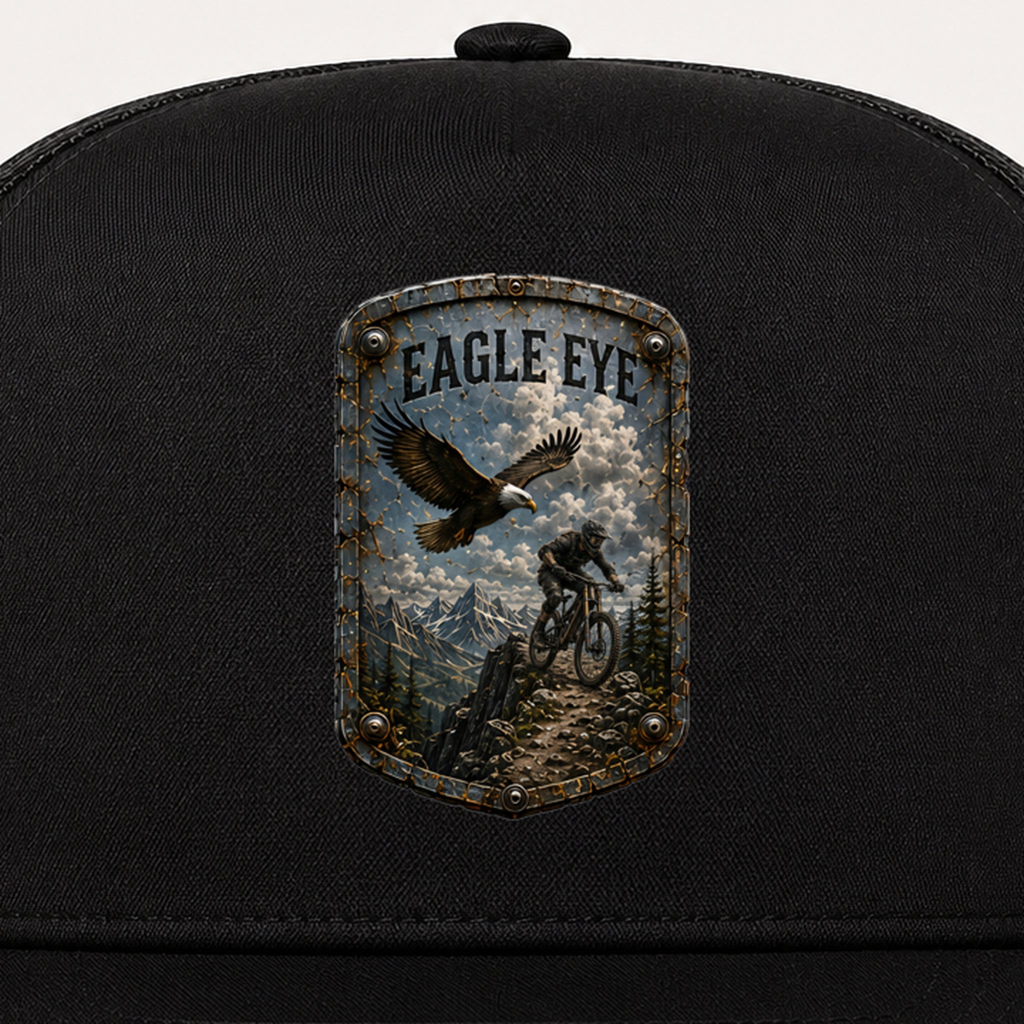 Eagle Eye Trail Relics Flat-Brim Cap — front decoration close-up