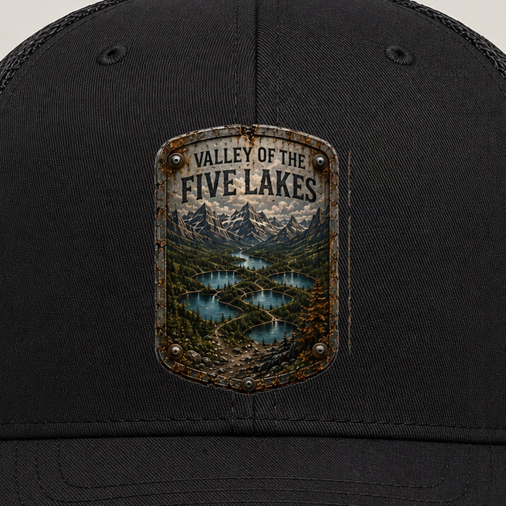 Valley of the Five Lakes Trail Relics Mid-Pro Curved-Brim Cap — front decoration close-up