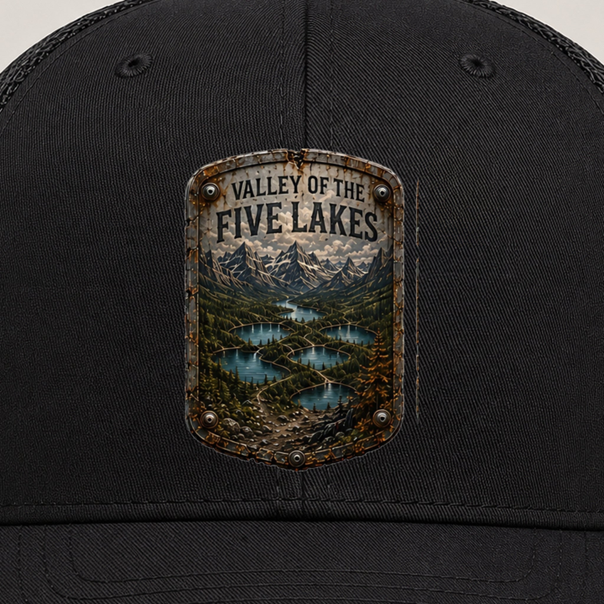 Valley of the Five Lakes Trail Relics Mid-Pro Curved-Brim Cap — front decoration close-up