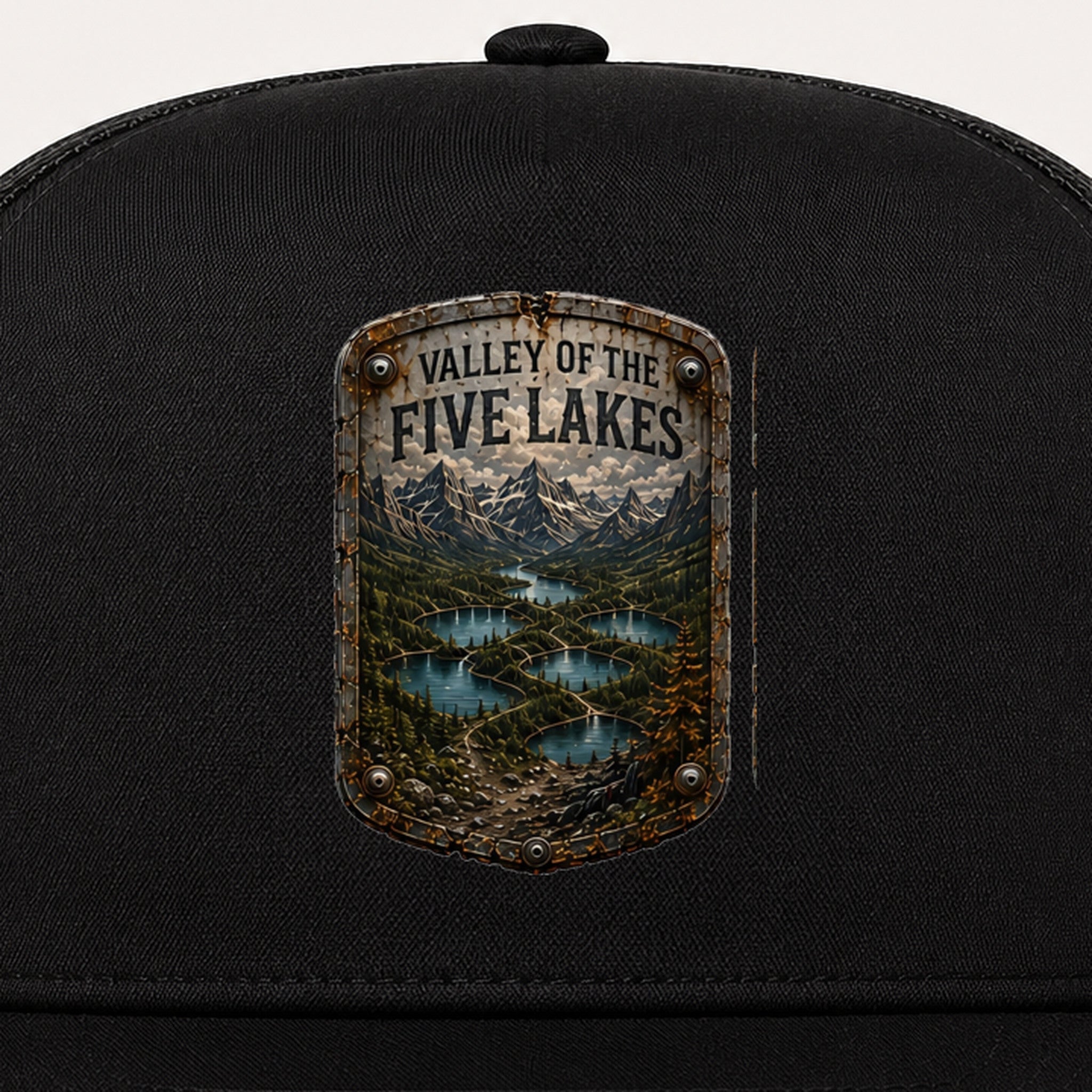 Valley of the Five Lakes Trail Relics Flat-Brim Cap — front decoration close-up