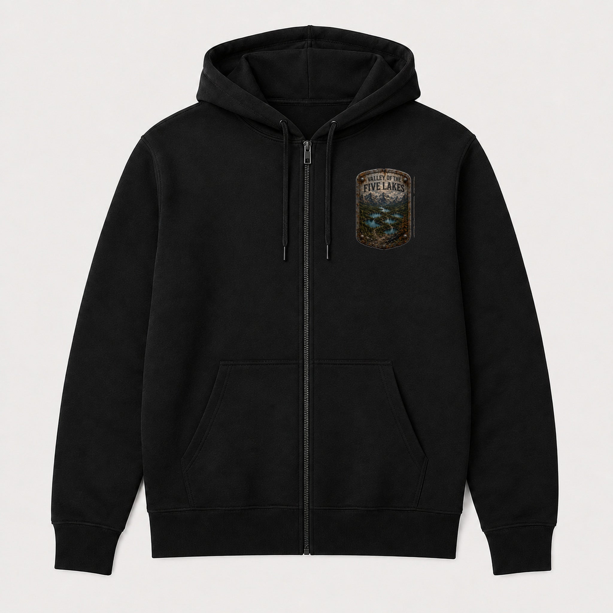 Valley of the Five Lakes Trail Relics Zip Hoodie — front chest mockup