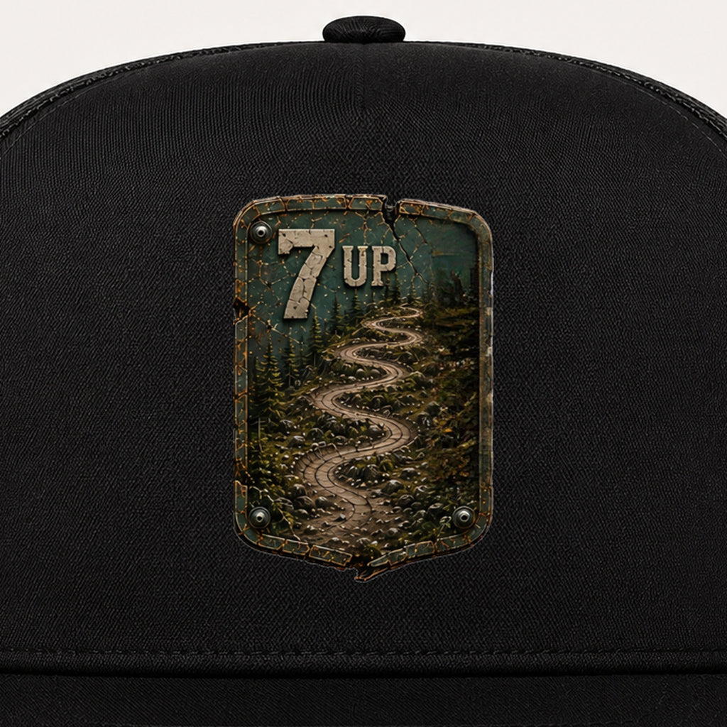 7 Up Trail Relics Flat-Brim Cap — front decoration close-up