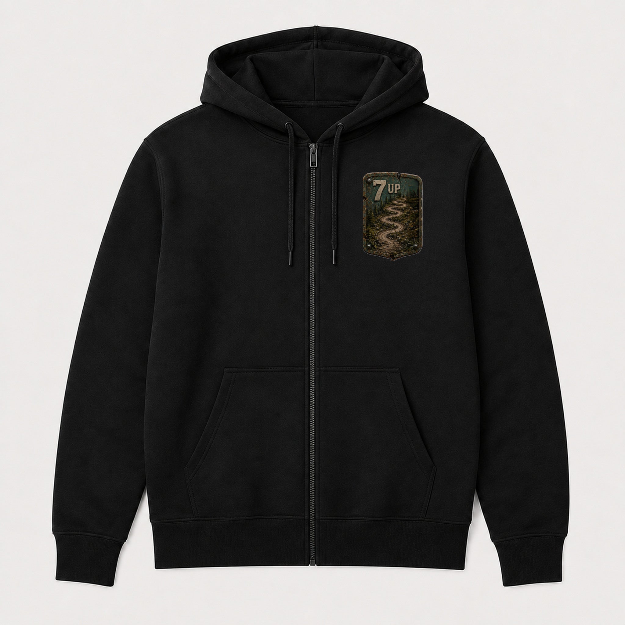 7 Up Trail Relics Zip Hoodie — front chest mockup