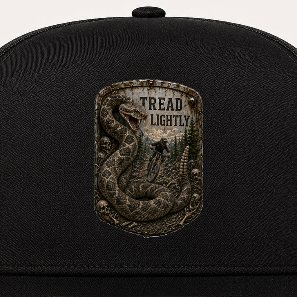 Tread Lightly Trail Relics Flat-Brim Cap — front decoration close-up
