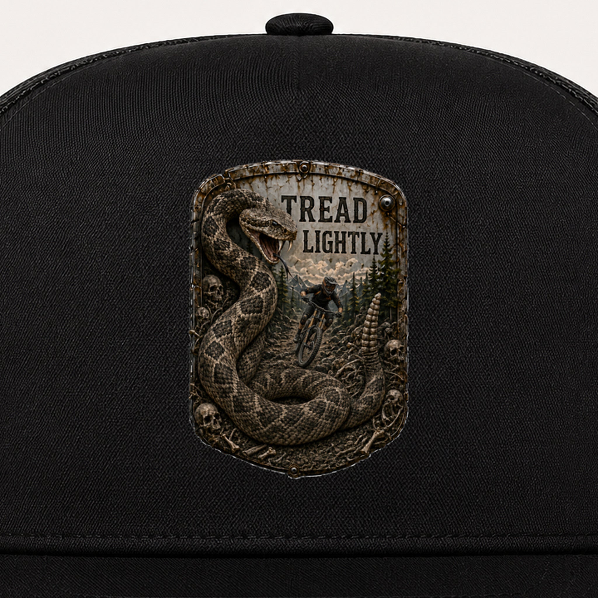 Tread Lightly Trail Relics Flat-Brim Cap — front decoration close-up